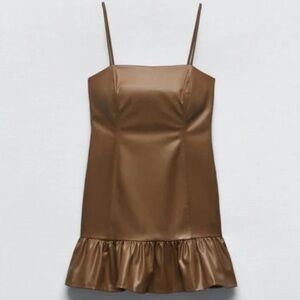 Zara Brown Faux Leather Mini Dress with Ruffle Hem